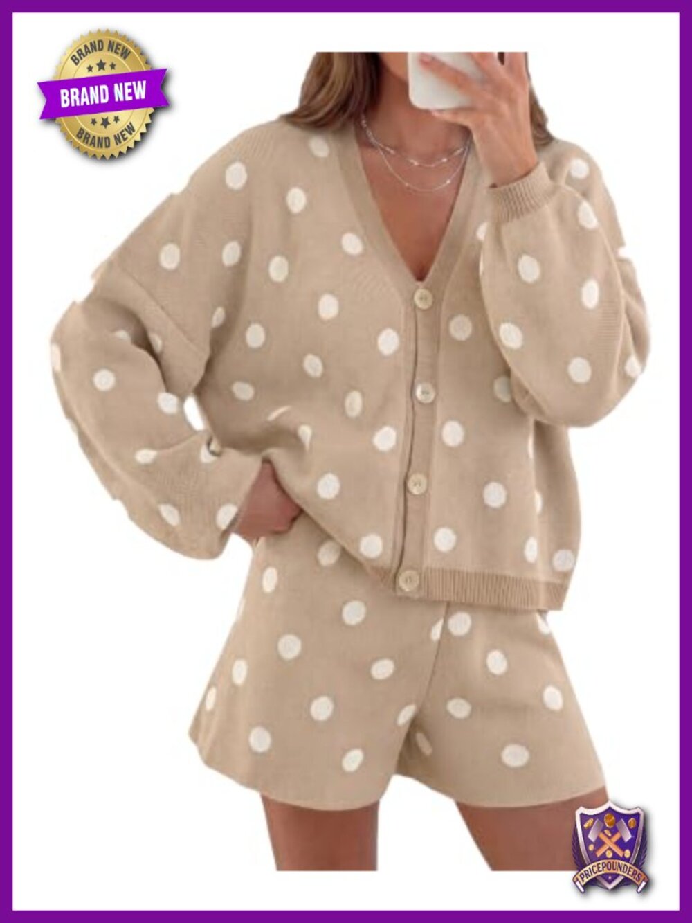 Womens 2 Piece Outfits Polka Dot Knit Cardigan Sweater & Shorts Set - Picture 1 of 5